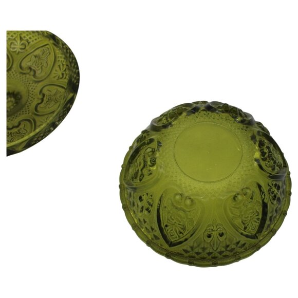 Green Depression Glass Lidded Candy Dish With Intricate Embossed Pattern - Picture 5 of 8